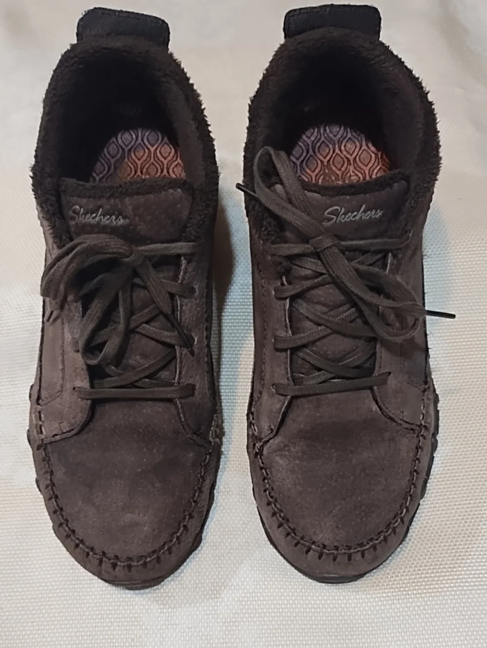 Skechers Women's Dark Brown Suede Lace-Up Ankle Booties 8.5 Memory Foam VGC.